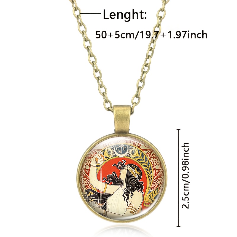 Brown Metal Classic Chain Necklace with Colorful Pattern Medallion
